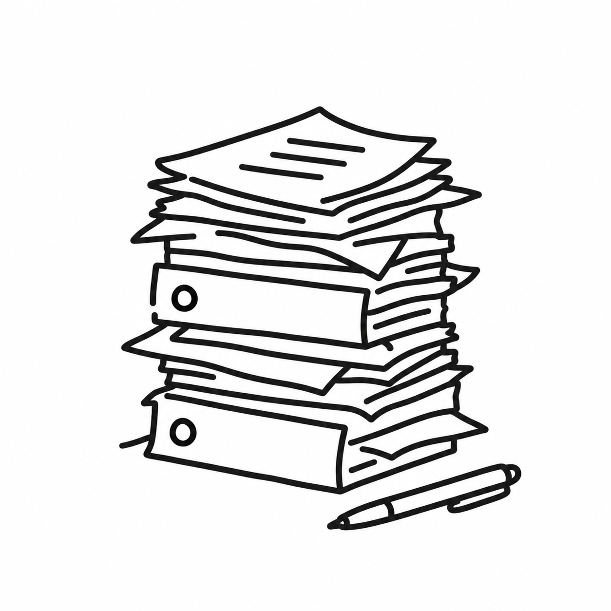 積み上がった書類とペン